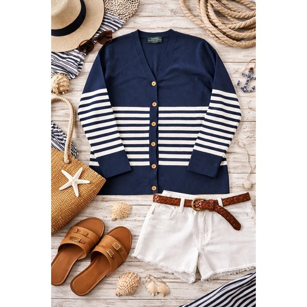 Lauren Ralph Lauren Cardigan Womens M Petite Navy Striped Gold Button Nautical - Picture 8 of 8